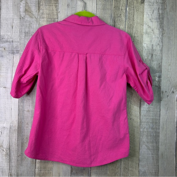 White Stag Small(4/6) Pink Crinkle Material Tabbed Short Sleeve Button Front Top - Picture 2 of 4
